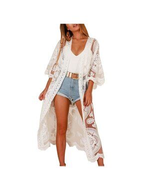 Women White Lace Kimono Bikini Swimsuit Cover Up Beach Floral Dress